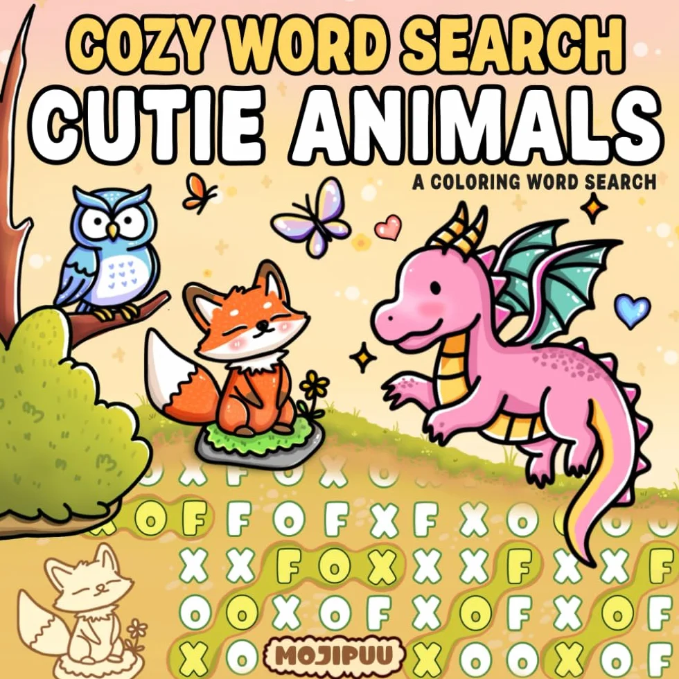 Cutie Animals: Cozy Word Search Coloring Puzzle Books for Adults and Teens Relaxation
