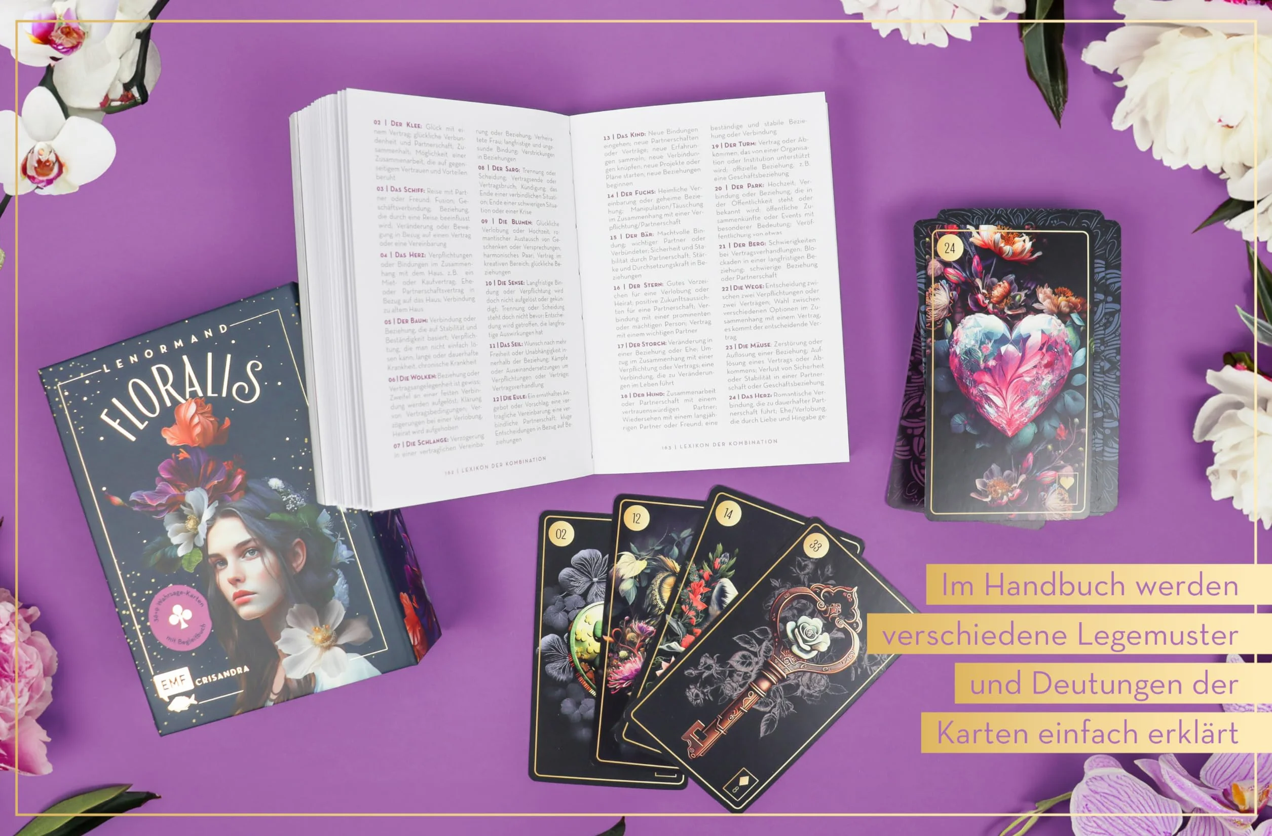 Lenormand-Kartenset: Floralis: 45 kunstvoll illustrierte Wahrsage-Karten für die neue Zeit mit Goldrand und Begleitbuch | Inklusive 9 Zusatzkarten | Edle Box mit Magnetverschluss