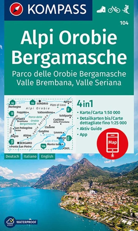 104 alpi orobie bergamasche parco delle orobie bergamasche: 4in1 Wanderkarte mit Aktiv Guide und Detailkarten inklusive Karte zur offline Verwendung in der KOMPASS-App. Fahrradfahren. Skitouren.