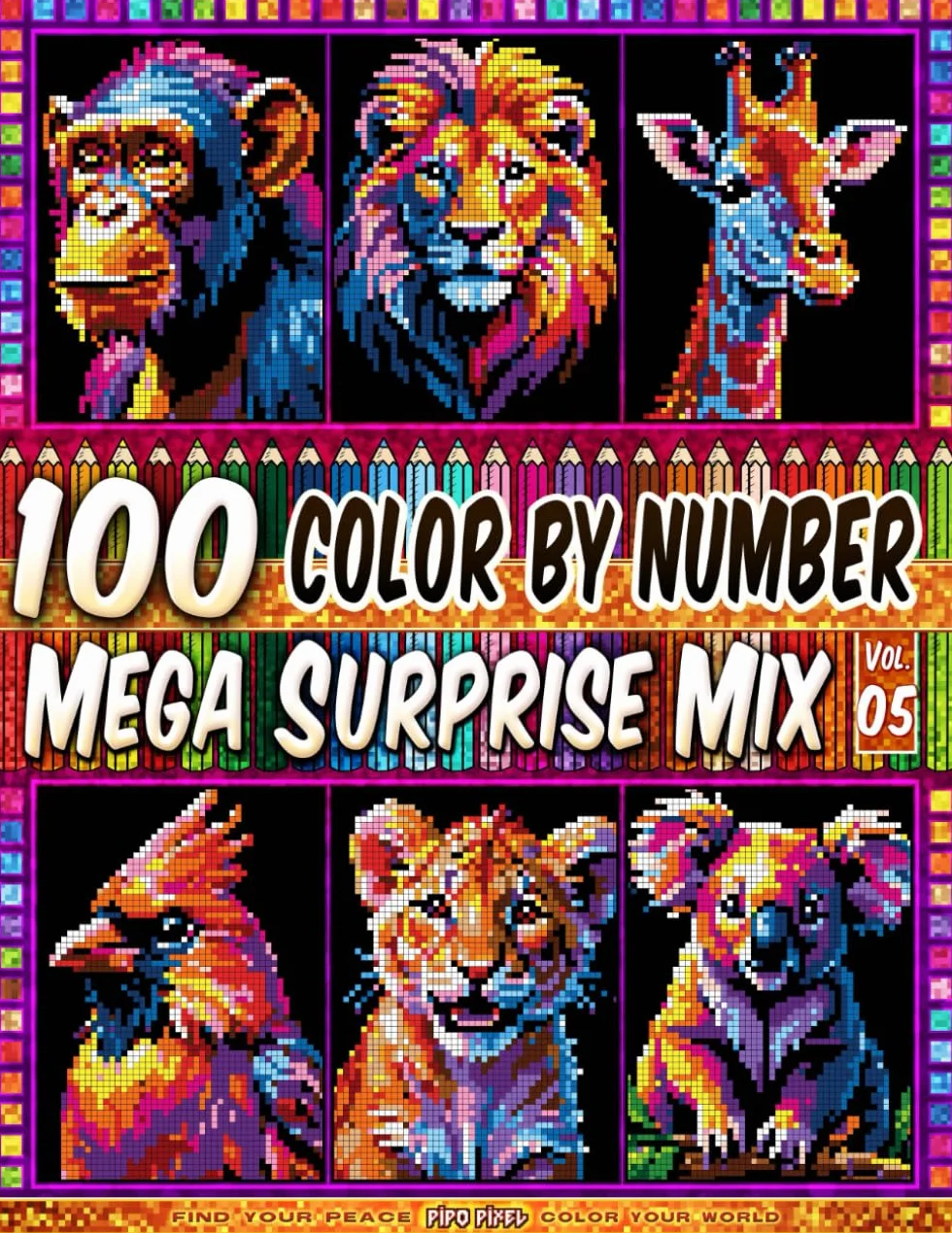 100 Color by Number - Mega Surprise Mix - Vol. 05: 100 Designs in Pixel Art - Bold Neon Animal Portraits Shining In Dark Spaces