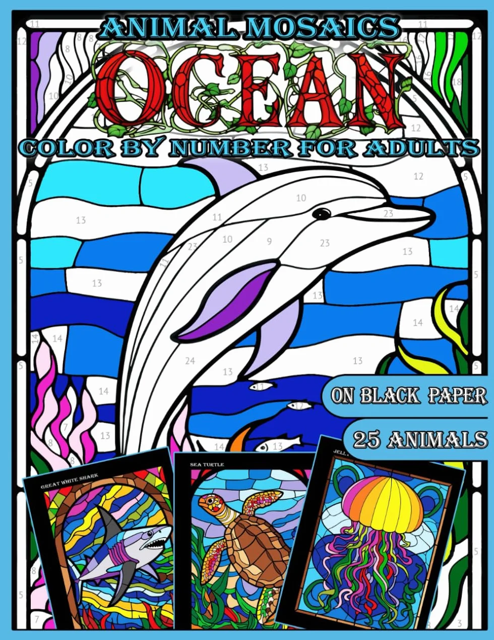 Mosaic Animals: Ocean Life: Color by Number for Adults: Stained Glass Activity Book with Sea creatures, Coloring Quest on Black Paper, Puzzle ... and Stress Relief |Black Background|: 4