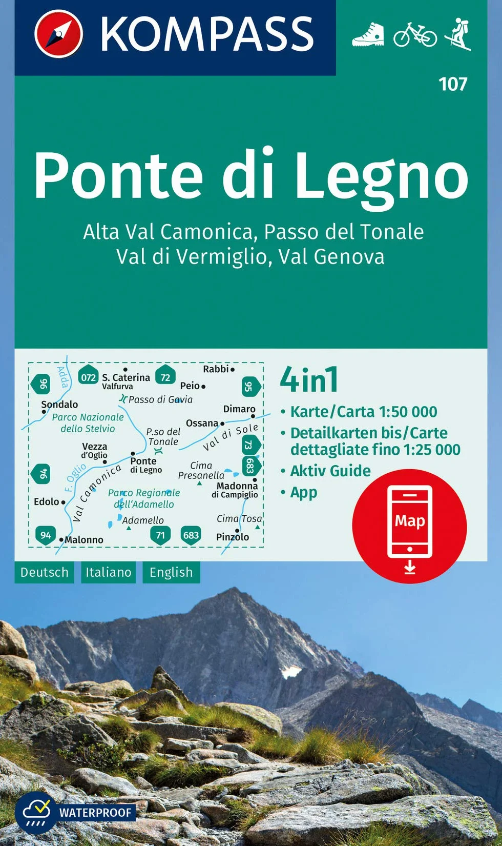 107 ponte di legno alta val camonica passo del tonale: 4in1 Wanderkarte mit Aktiv Guide und Detailkarten inklusive Karte zur offline Verwendung in der KOMPASS-App. Fahrradfahren. Skitouren.