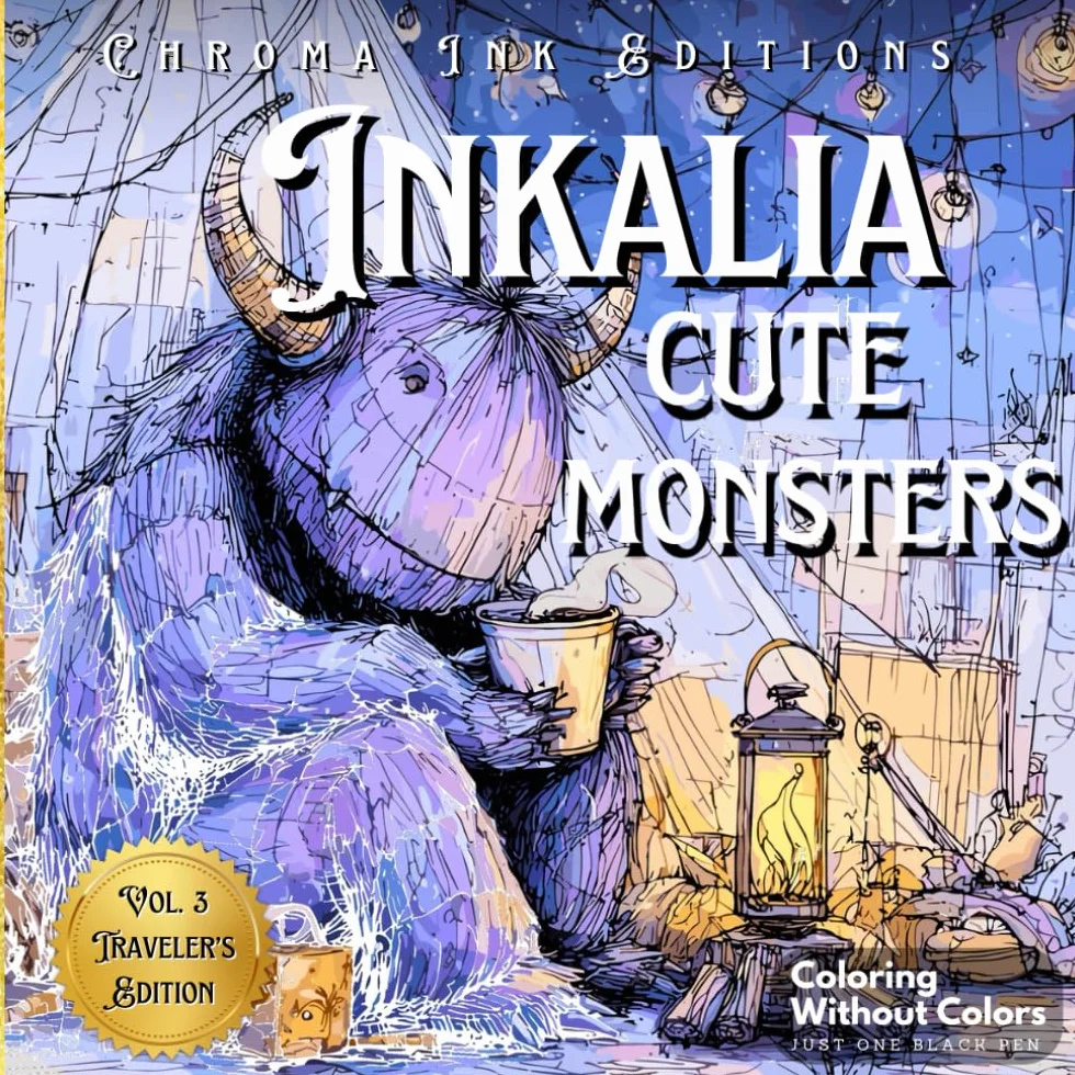 Inkalia Cute Monsters - Bring These Monsters to Life with One Black Pen: Wildly Entertaining Stress Relief Coloring Book – Coloring Book for Teens and Adults