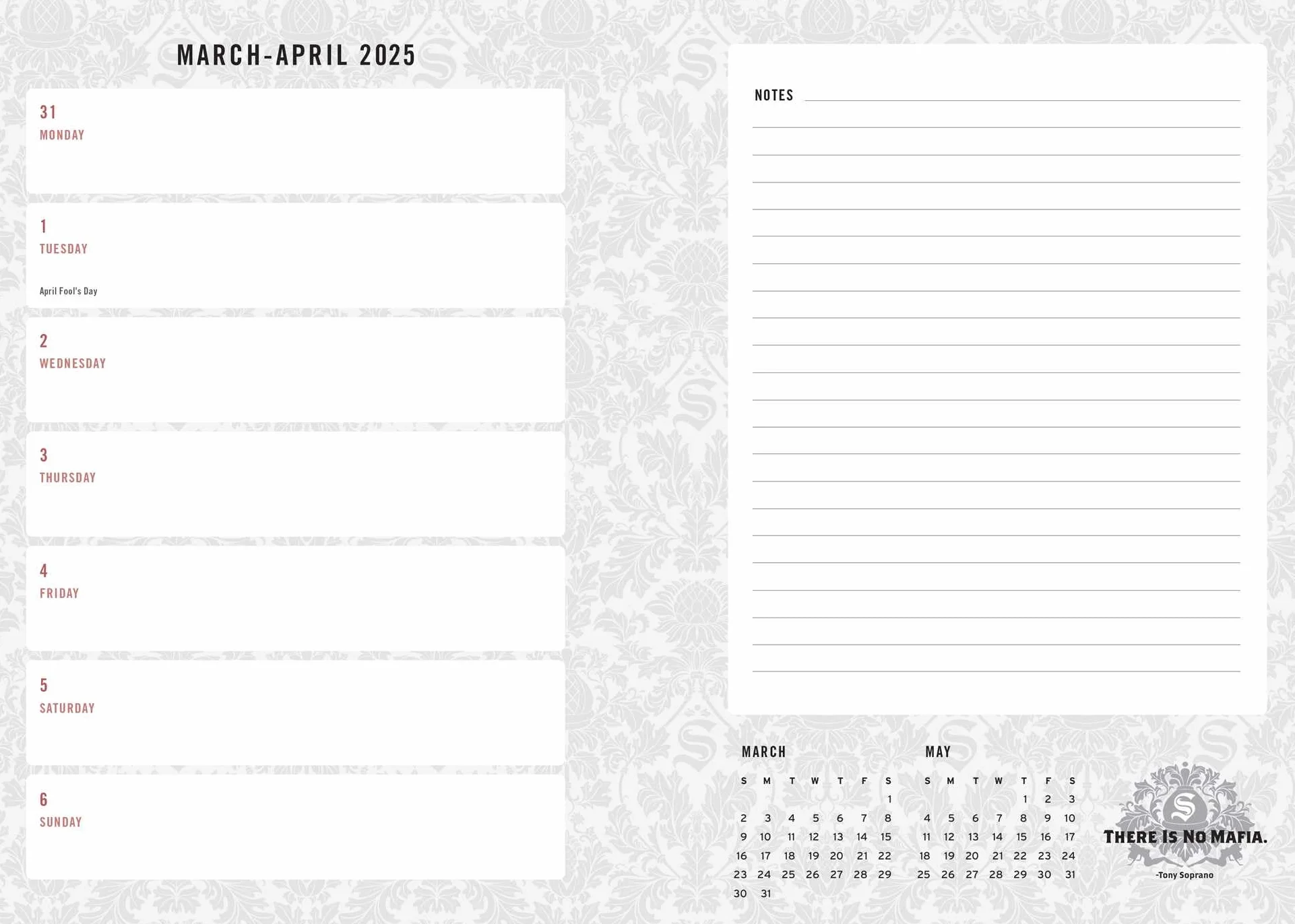 2025 The Sopranos 13-Month Weekly Planner