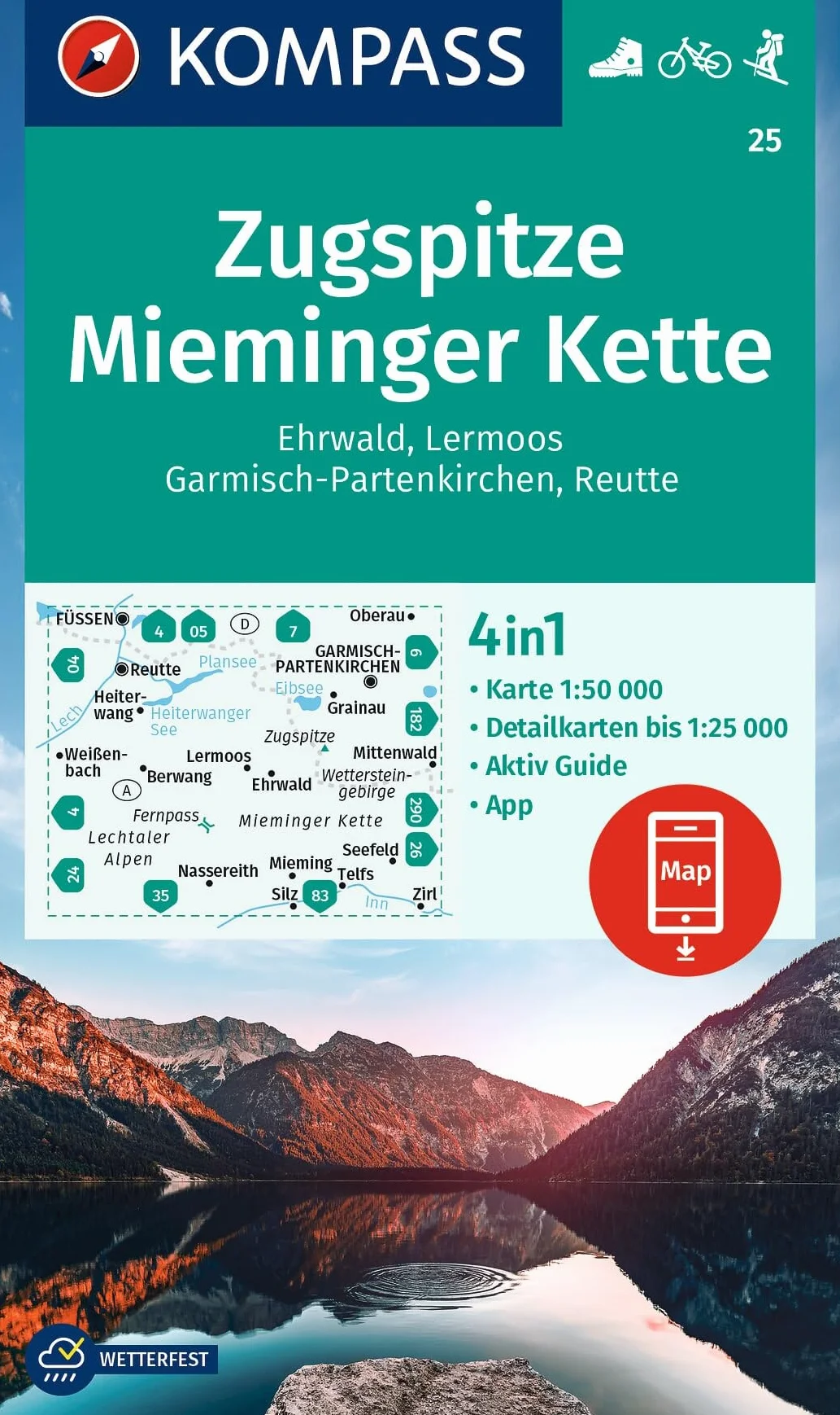 Carta escursionistica Kom 25. Zugspitze, Mieminger Kette, Ehrwald, Lermoos, Garmisch-Partenkirchen, Reutte: 4in1 Wanderkarte, mit Aktiv Guide und ... in der KOMPASS-App. Fahrradfahren. Skitouren.