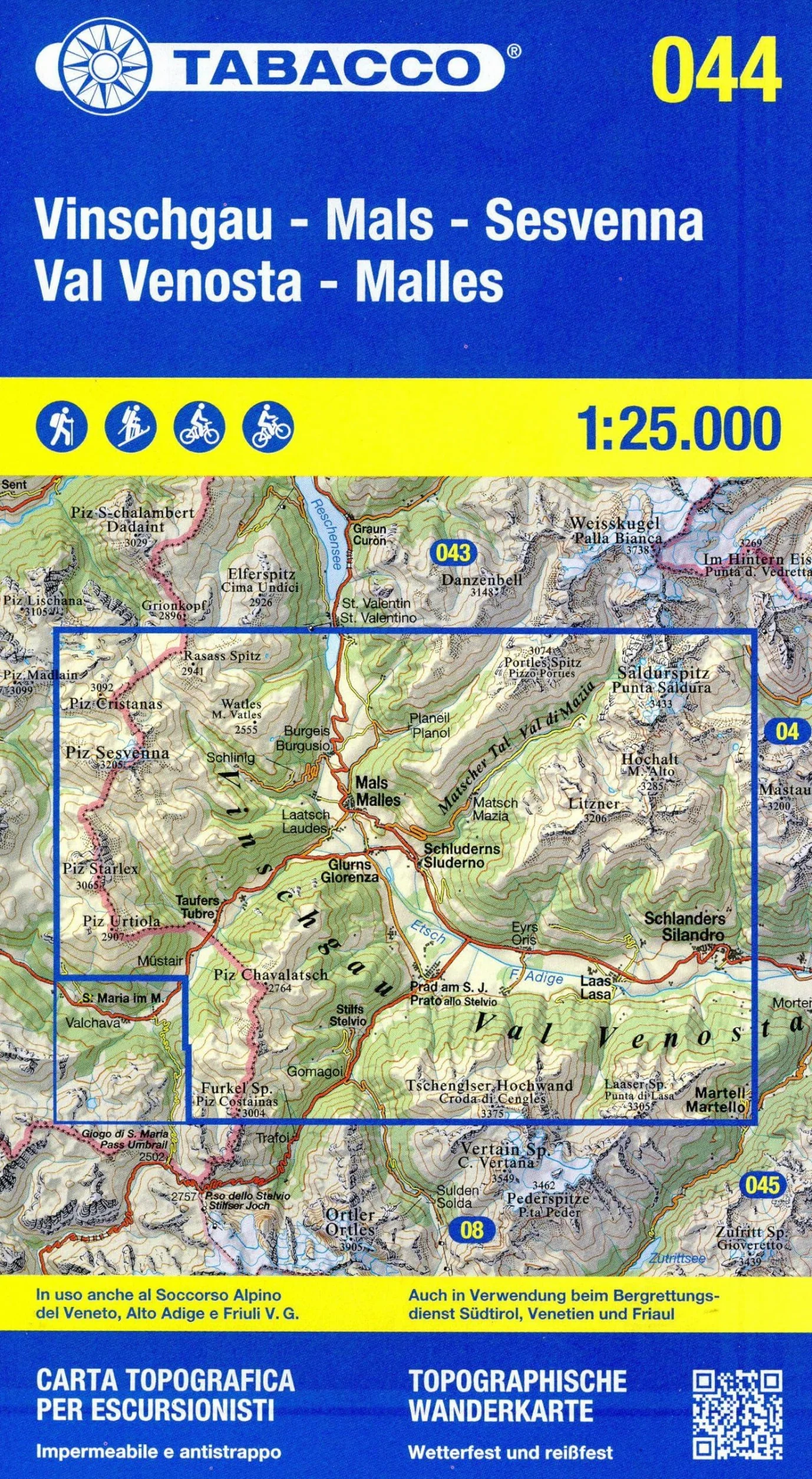 Vinschgau - Mals - Sesvenna / Val Venosta - Malles. Carta topografica in scala 1:25.000. Ediz. italiana, inglese, francese e tedesca: Tabacco Wanderkarte 1:25000: 44