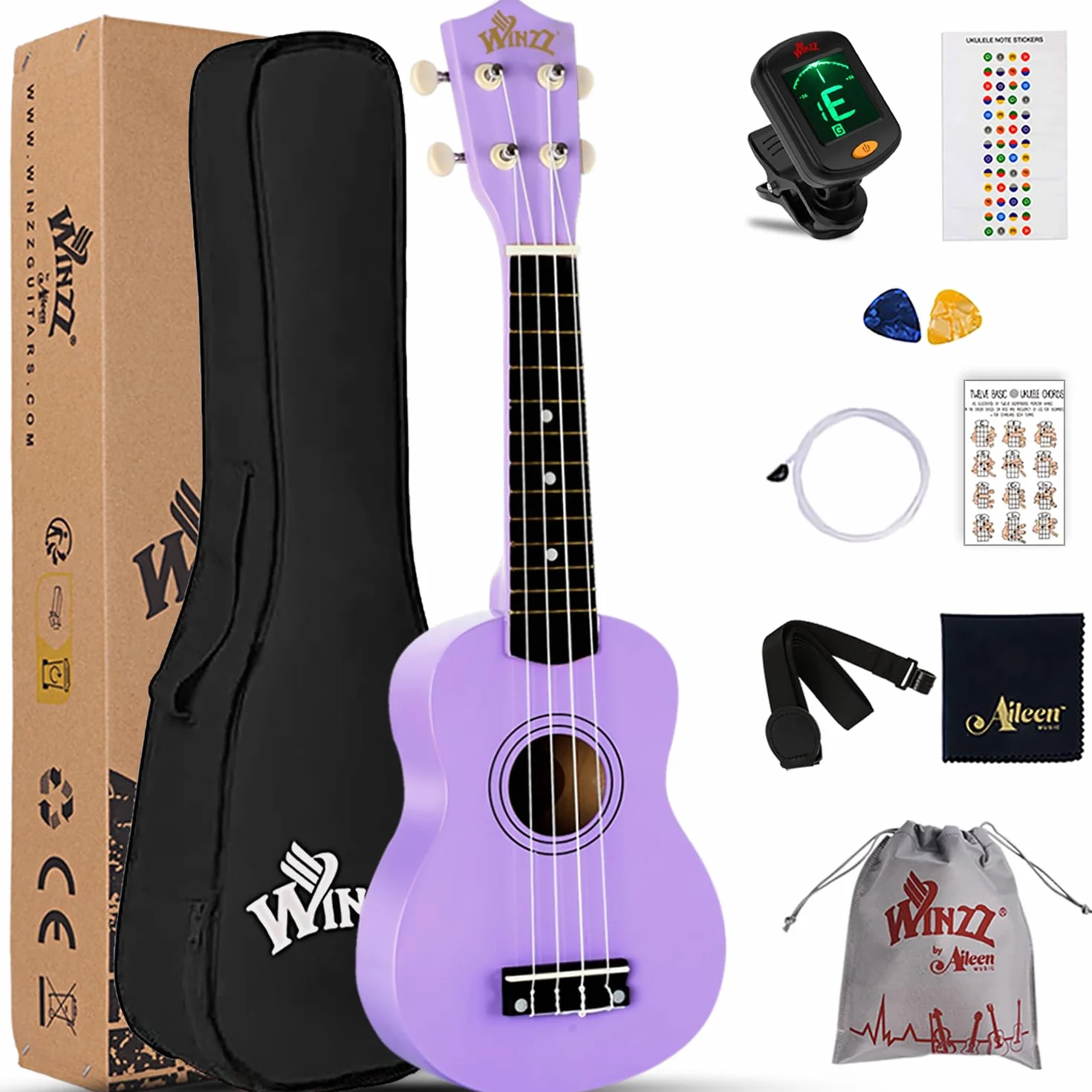 Winzz ukulele sopranowe, zestaw startowy dla początkujących z pokrowcem, urządzeniem do strojenia, dodatkowymi strunami, paskiem, plektronem, naklejkami na próg, arkuszem z chwytami i ściereczką do polerowania