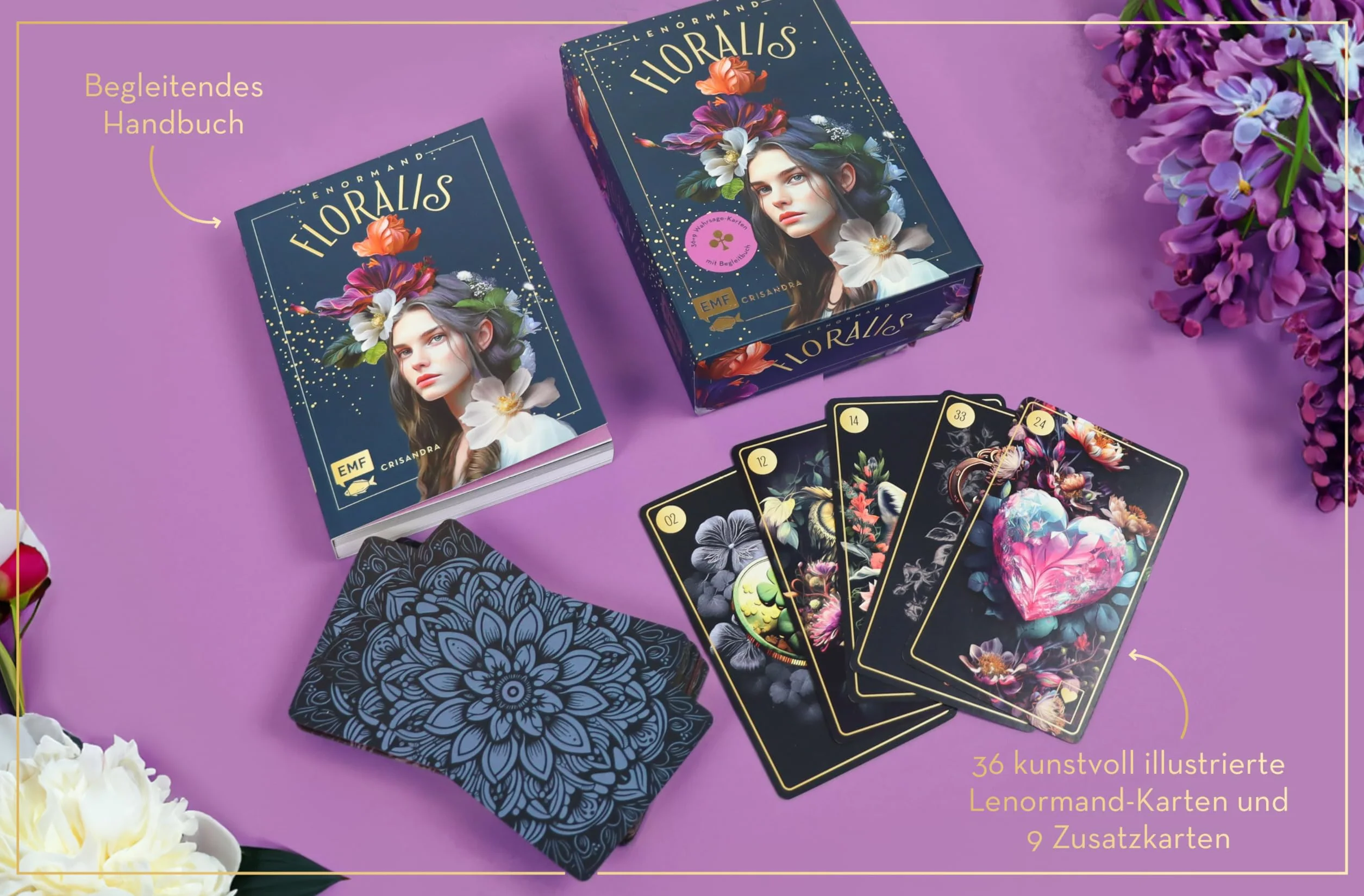Lenormand-Kartenset: Floralis: 45 kunstvoll illustrierte Wahrsage-Karten für die neue Zeit mit Goldrand und Begleitbuch | Inklusive 9 Zusatzkarten | Edle Box mit Magnetverschluss