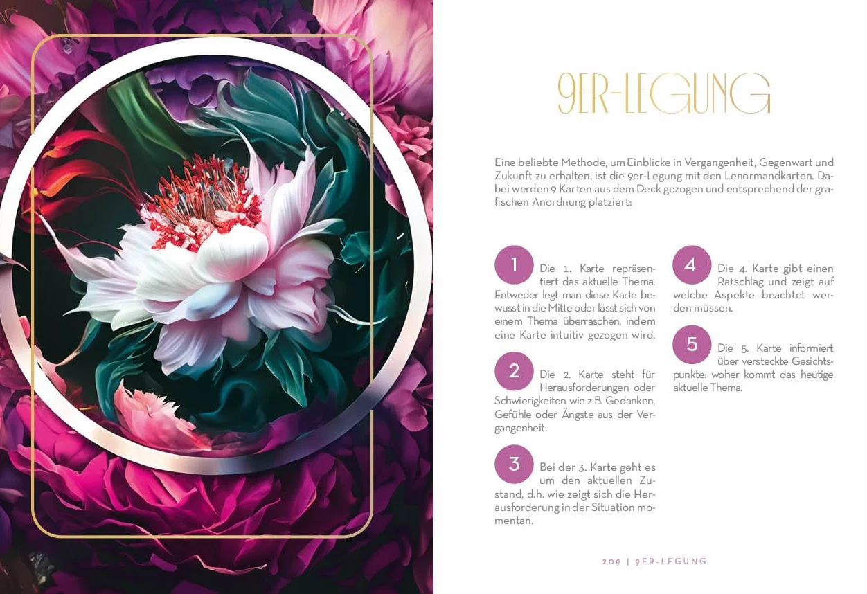 Lenormand-Kartenset: Floralis: 45 kunstvoll illustrierte Wahrsage-Karten für die neue Zeit mit Goldrand und Begleitbuch | Inklusive 9 Zusatzkarten | Edle Box mit Magnetverschluss
