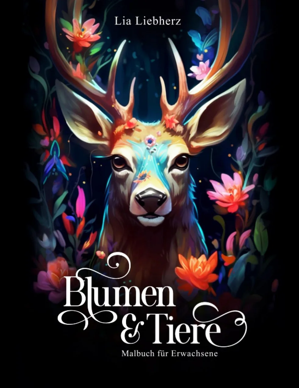 Blumen & Tiere – Malbuch für Erwachsene: 50 Motive auf schwarzem Hintergrund von Tieren im Blumenparadies