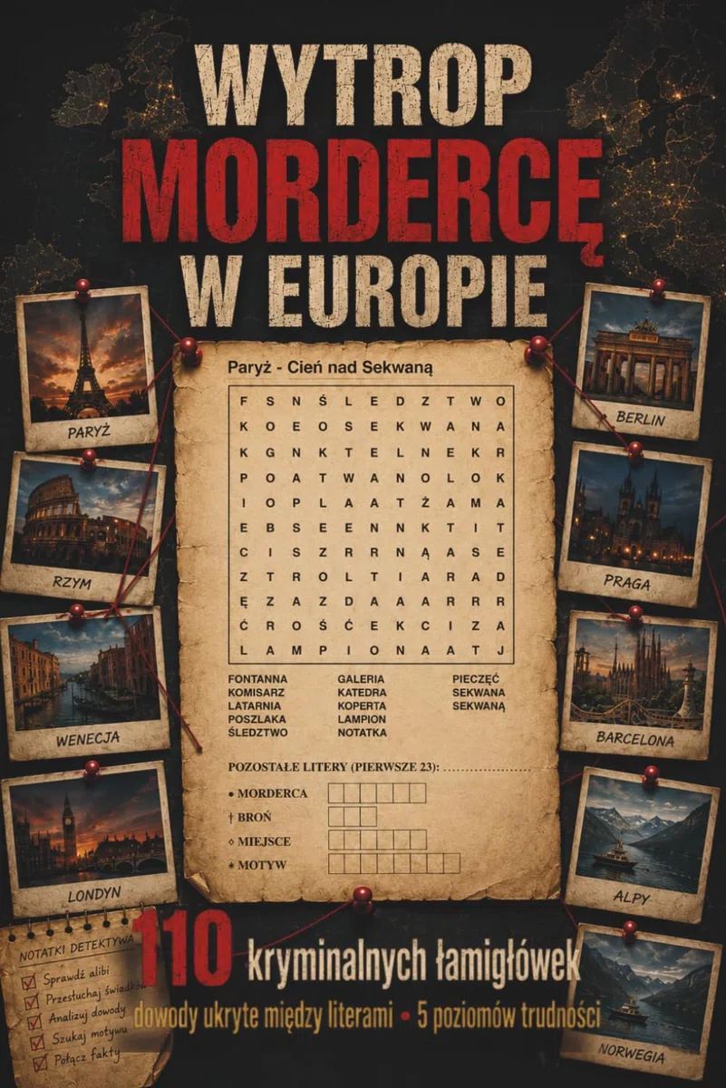 Wytrop Mordercę w Europie: 110 kryminalnych łamigłówek. Dowody ukryte między literami. 5 poziomów trudności