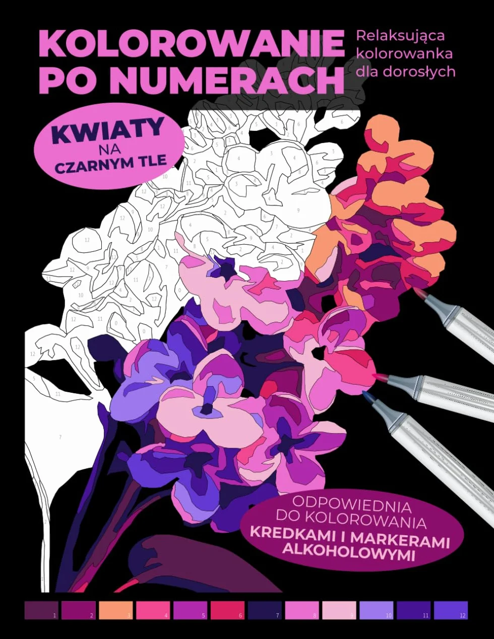 Kolorowanie po numerach | Kwiaty na czarnym tle | Relaksująca kolorowanka dla dorosłych, odpowiednia do kolorowania kredkami i markerami alkoholowymi