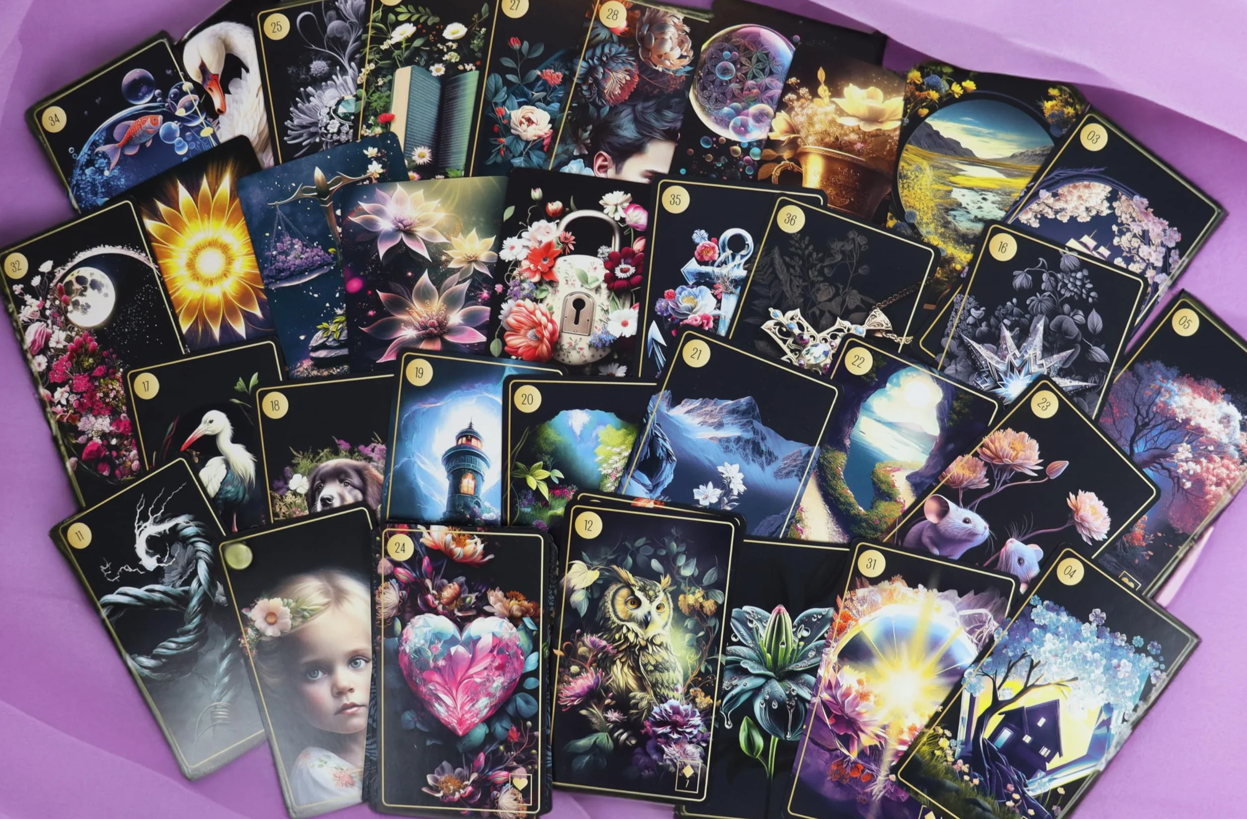 Lenormand-Kartenset: Floralis: 45 kunstvoll illustrierte Wahrsage-Karten für die neue Zeit mit Goldrand und Begleitbuch | Inklusive 9 Zusatzkarten | Edle Box mit Magnetverschluss