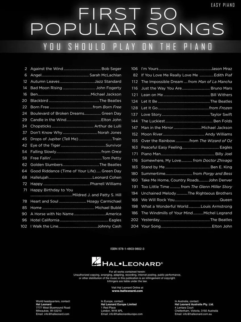 First 50 Popular Songs You Should Play on the Piano: Easy Piano Songbook with Lyrics