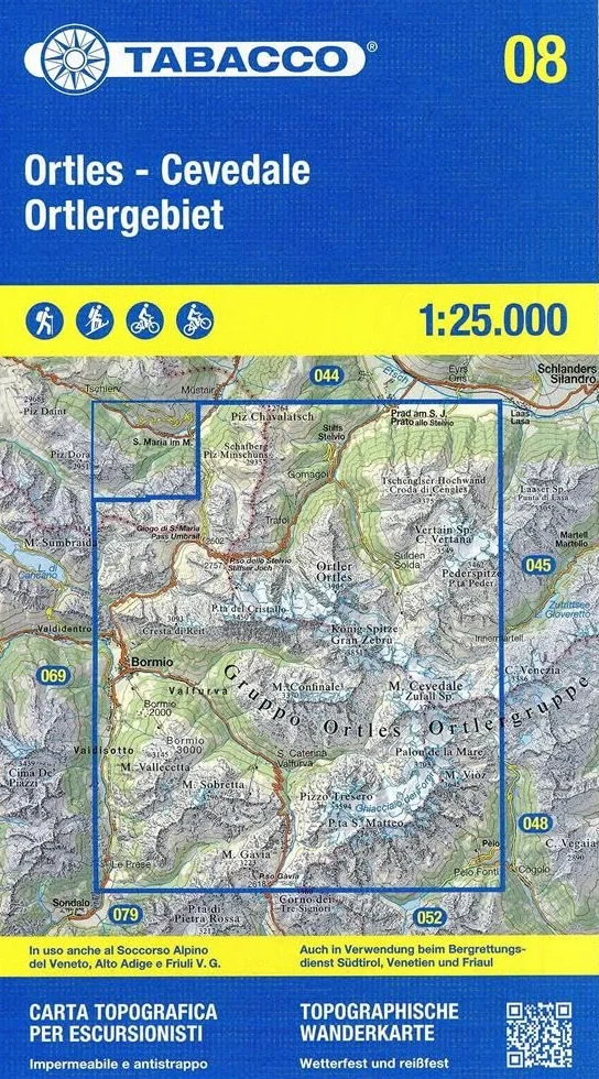 Ortlergebiet. Ortles. Cevedale. Carta topografica in scala 1:25.000, antistrappo, impermeabile, fotodegradabile. Ediz. italiana, inglese e tedesca: Tabacco Wanderkarte 1:25000: 8